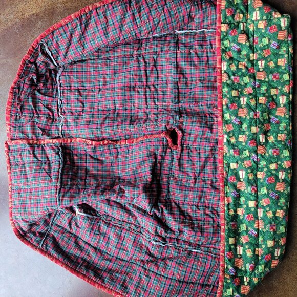 Square Quilted Christmas Tree Skirt Collar Gift Print Plaid Hand‎ Made 24" - Picture 9 of 9